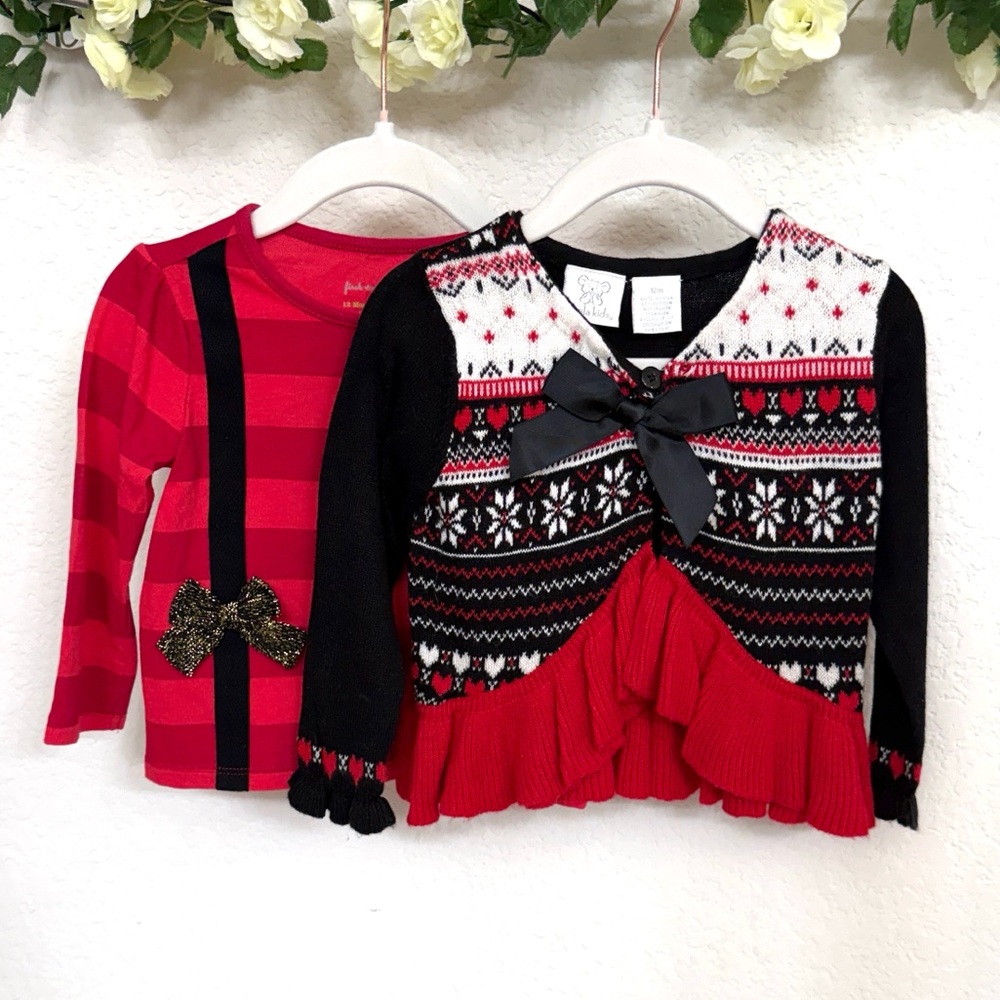 Koala Kids • Girls 2 Pc Fair Isle Sweater Cardigan & Bow Top Holiday Se